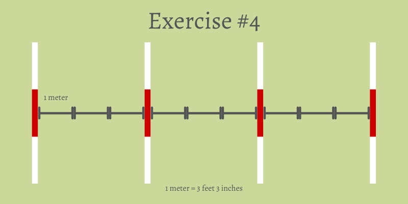 Ground pole exercise #4, four consecutive ground poles showing the appropriate distance for cantering. 