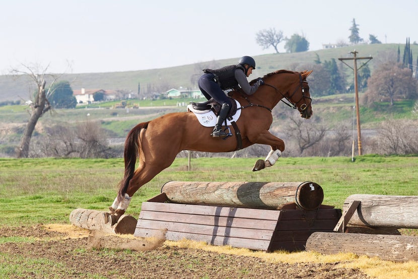 horse and rider jumping over the first cross country fence on course