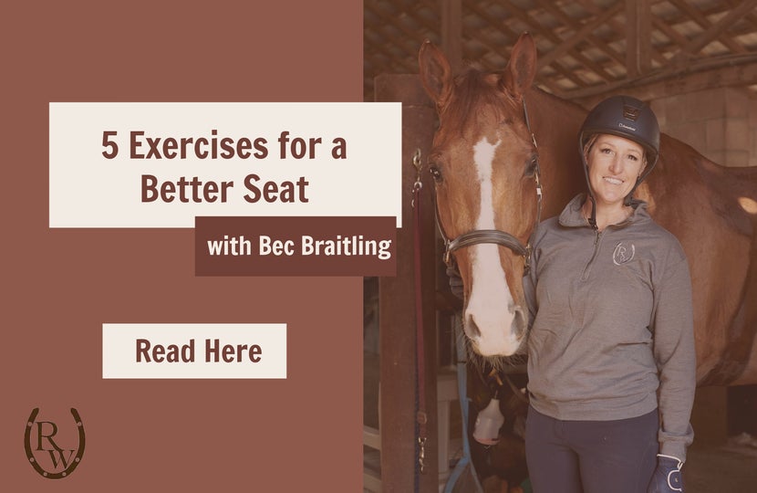 Bec standing next to a bay horse. Content on her 5 exercises for a better seat. 