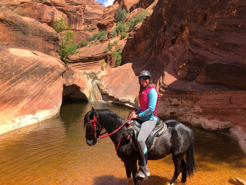 Natalie on hackney pony, standing in pool of water. 
