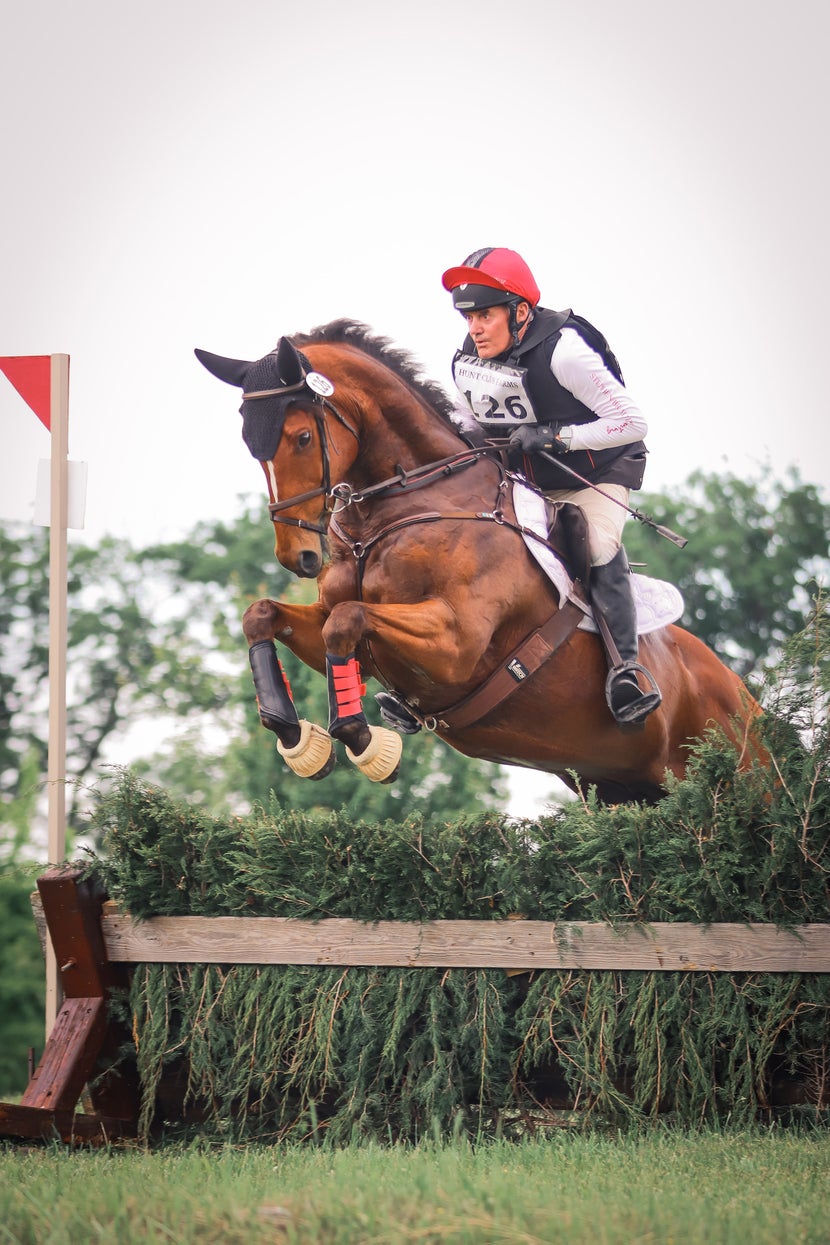 Stephen riding a bay horse over a cross country jump