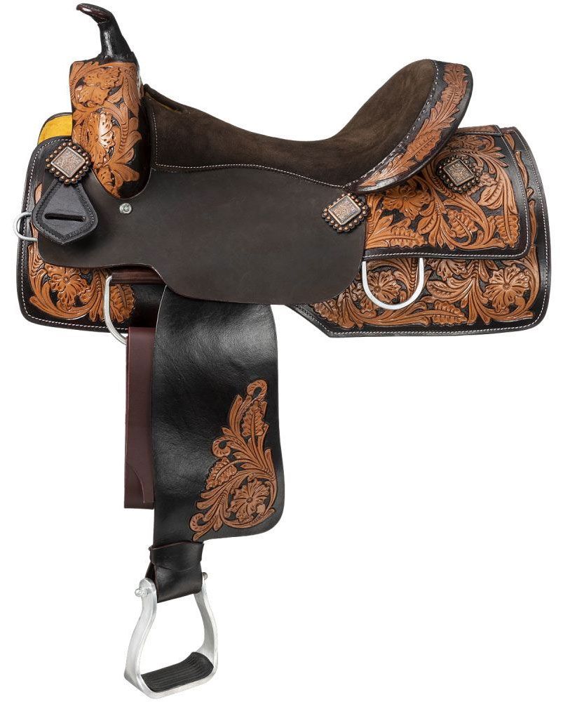 A black and brown tooled reining saddle 