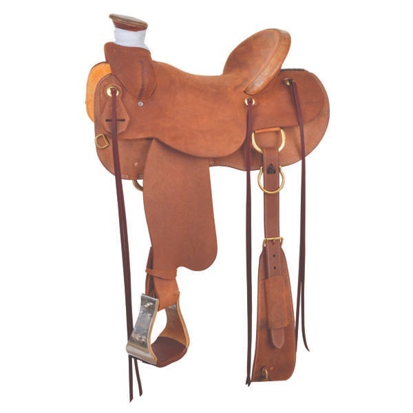 roping style saddle, light brown suede with a white wrap around the horn. 