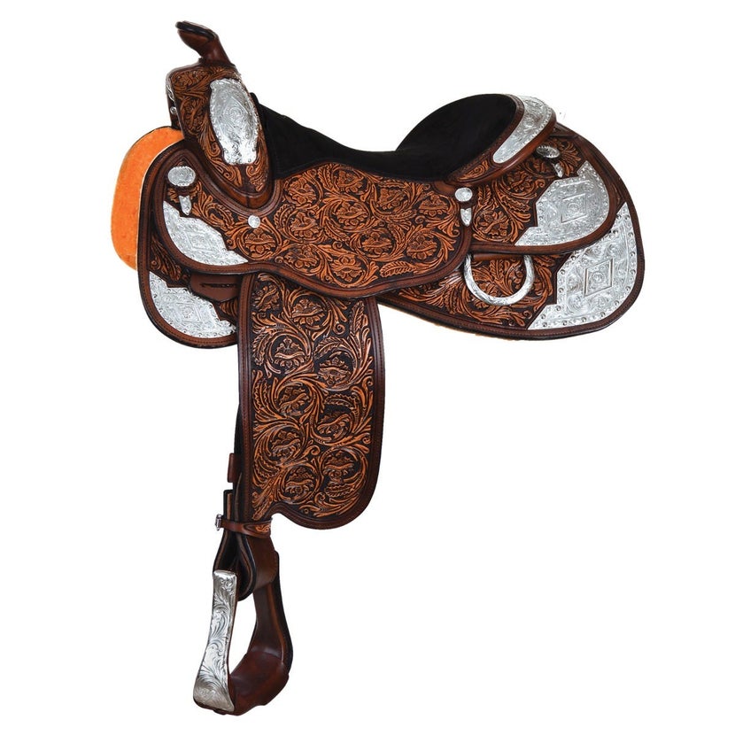 A black and brown western show saddle with a black suede seat and silver metal accents. 