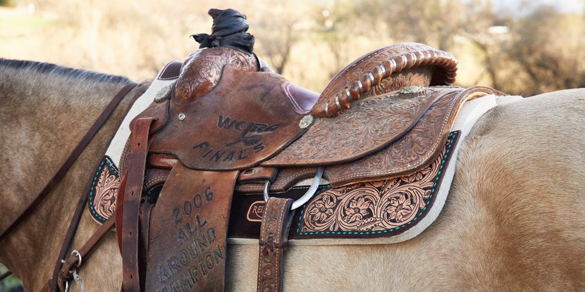 A buckskin horse wearing a western roping saddle and leather tooled saddle pad. 