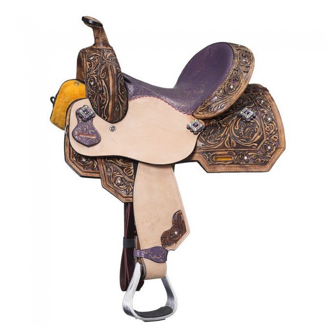 A youth sized western saddle, light brown and black wiht a purple seat and purple accents. 